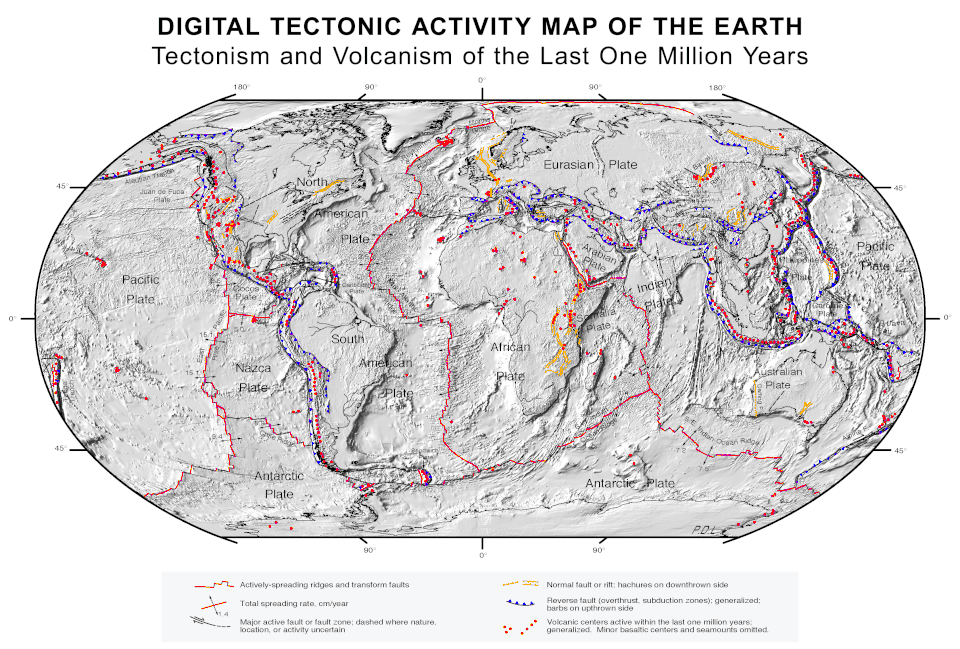 Image 9A plate tectonics map with volcano locations indicated with red circles