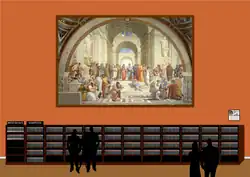 Raffaello Sanzio: Az athéni iskola (Arisztotelész, Platón, Szókratész stb.) című festménye alatt méretösszehasonlítás a 2005/2006-os Brockhaus-enciklopédia és a 2011. júliusi német nyelvű Wikipédia között